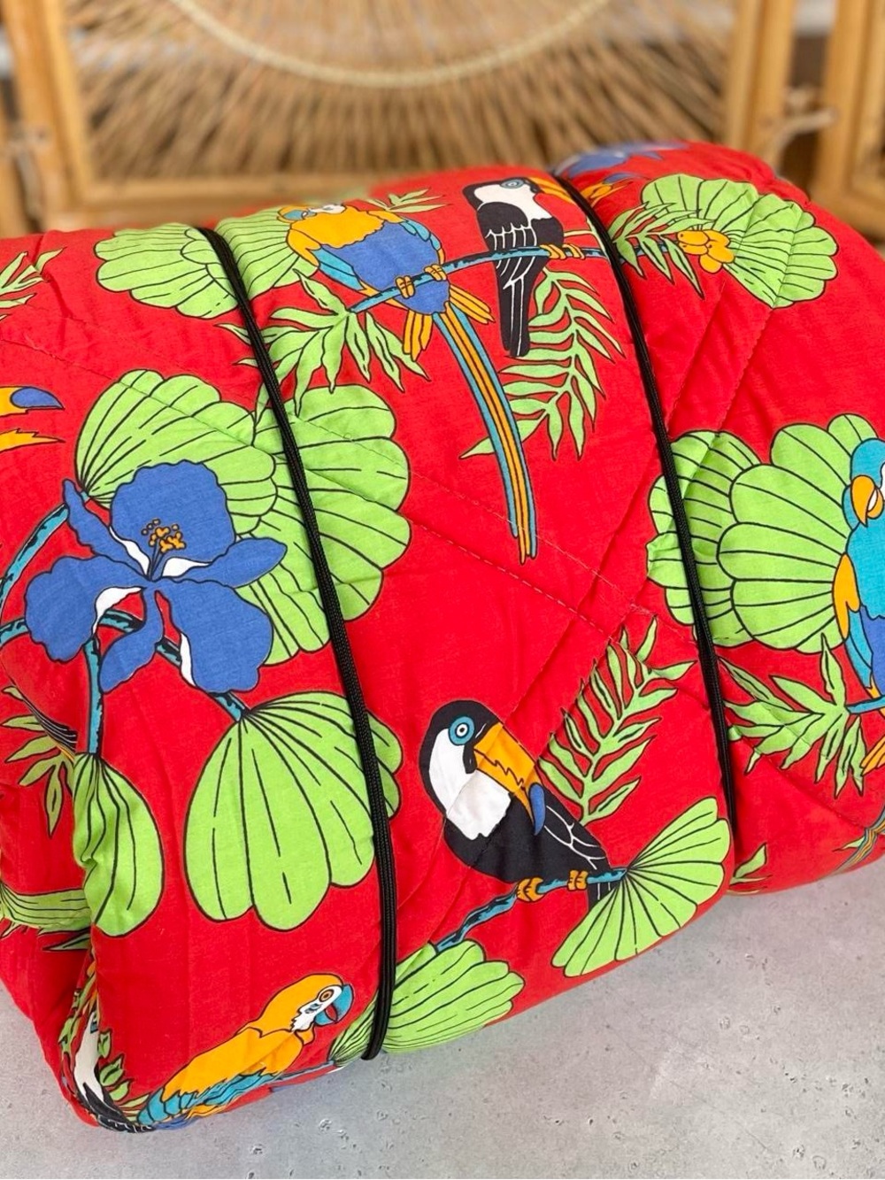Vintage Coleman Tropical Jungle Parrot Toucan Birds Zip Up Sleeping Bag Red